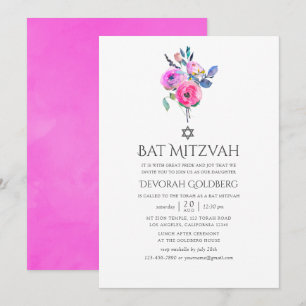 Hett-Rosa vattenfärgsBlommigt Bat mitzvah Inbjudningar