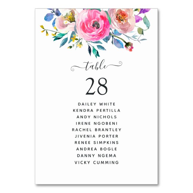 Hett-Rosa vattenfärgsBlommigt Bordsnummer (Framsidan)