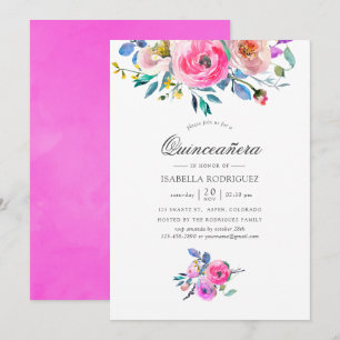 Hett-Rosa VattenfärgsBlommigt Quinceañera Inbjudningar