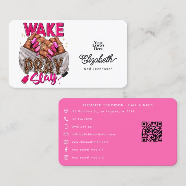 Hett-Rosa Wake, Pray, Slay Nail Salon Visitkort (Fram/baksida)
