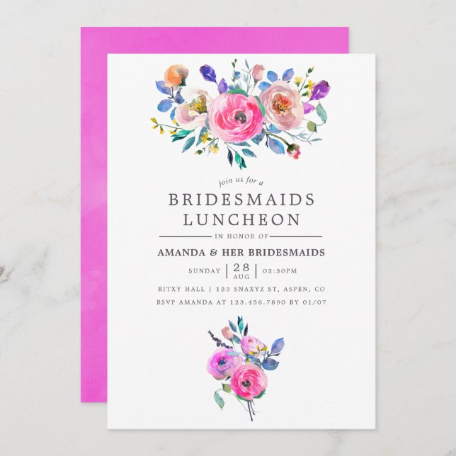 Hett-Rosa Watercolor Blommigt Bridesmaids Luncheon Inbjudningar (Fram/baksida)