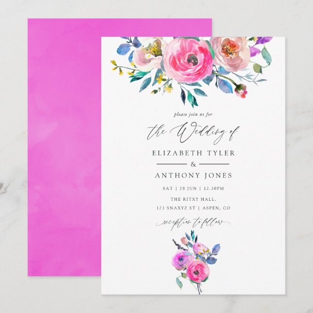 Hett-Rosa Watercolor Blommigt Bröllop Inbjudningar (Fram/baksida)