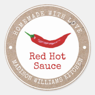 Hett Sauce-etikett Homemade med Kärlek Red Chil Runt Klistermärke