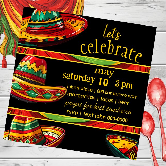 Hett Sombrero | Röd Gult Grönt | Fiesta ThLED Inbjudningar (Bold colors for cinco de mayo birthday party celebrations for him and her customizable invite. )
