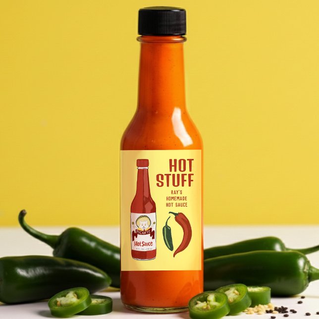 HETT STUFF Kryddstark het sauce Jalapeños chilipep Mat Etikett (HOT STUFF Spicy Hot Sauce Jalapeños Chiles CUSTOM Food Label
)