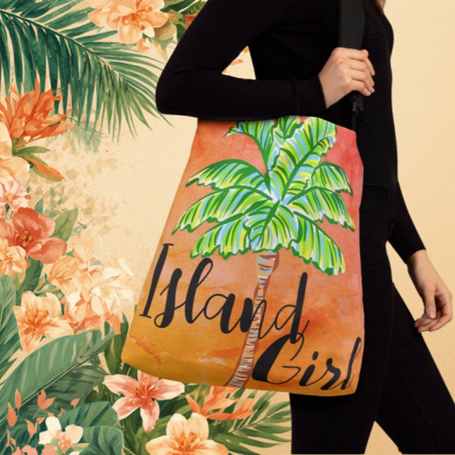 Hett Sunny Orange Tropical Handflatan Träd Island  Axelväska (Are you an Island Girl?)