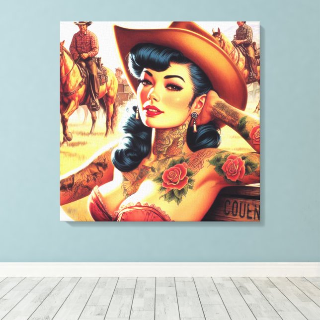 Hett Tattoo Cowgirl Canvastryck (Insitu (trägolv))