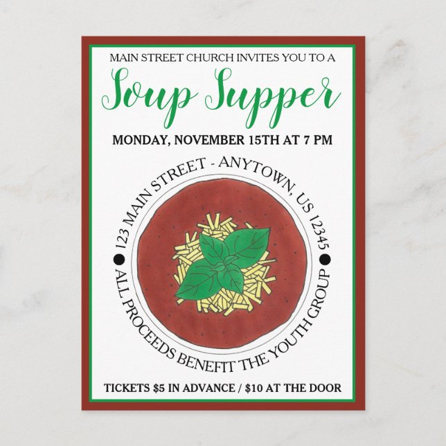 Hett Tomato Basil Soppa Cookoff Supper Inbjudan Vykort (Framsida)