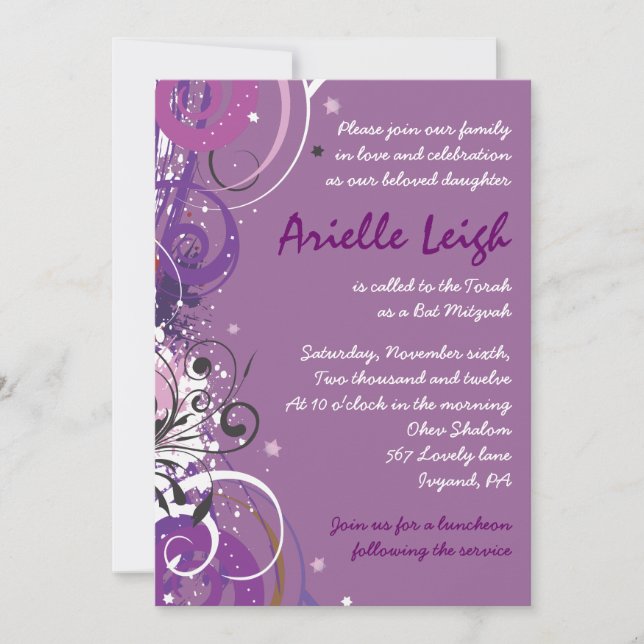 Hett Violet Swirls Stars Bat mitzvah inbjudan (Framsida)