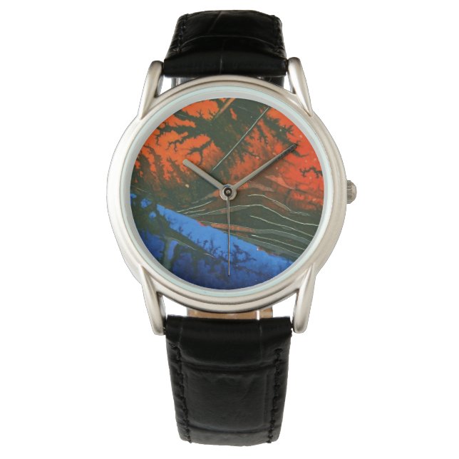 Hett, vulkan, lava, blå sten på hett röd armbandsur (Framsida)