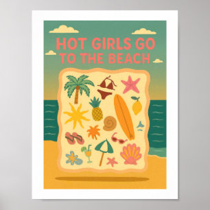 Hetta Tjejer Går Till Stranden Roligt Retro Sommar Poster