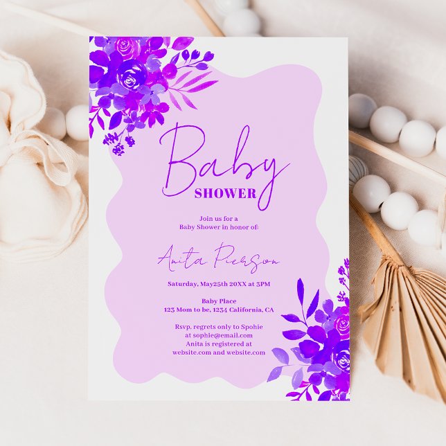 Hettens lila vågigt ram boho blommigt babydusch fö inbjudningar (Hot purple wavy frame boho floral baby shower invitation)
