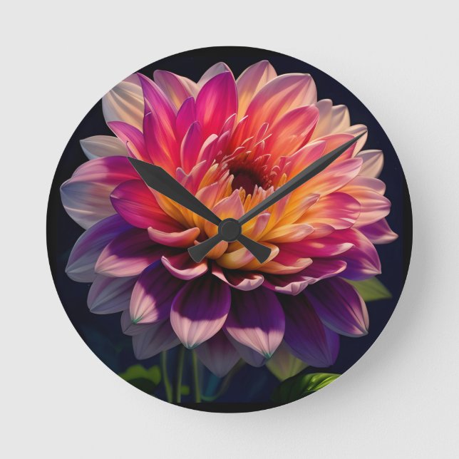 Hettens Orange och Rosa Dahlia Flower Rund Klocka (Framsida)