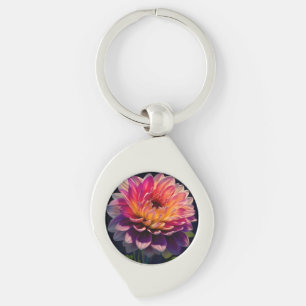 Hettens Orange och Rosa Dahlia Flower Swirl Silverfärgad Nyckelring