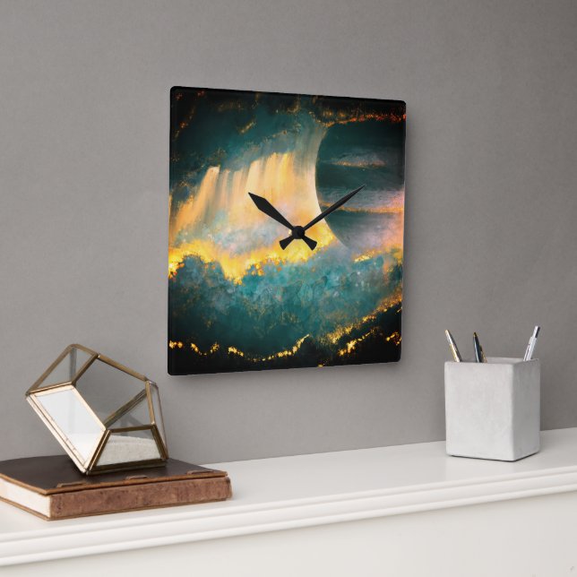 Heva Weva Grönt och Guld målade Planet Himlar Art Fyrkantig Klocka (Kontor)