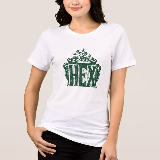 Hex Cauldron Halloween Linocut-design T Shirt (Framsida)