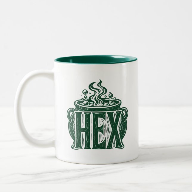 Hex Cauldron Halloween Linocut-design Två-Tonad Mugg (Vänster)