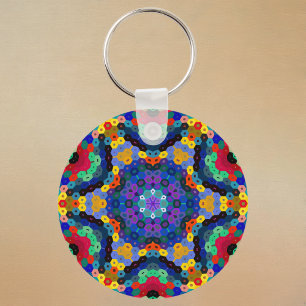 Hex Mandala Blå Gul Röd och Grön Nyckelring