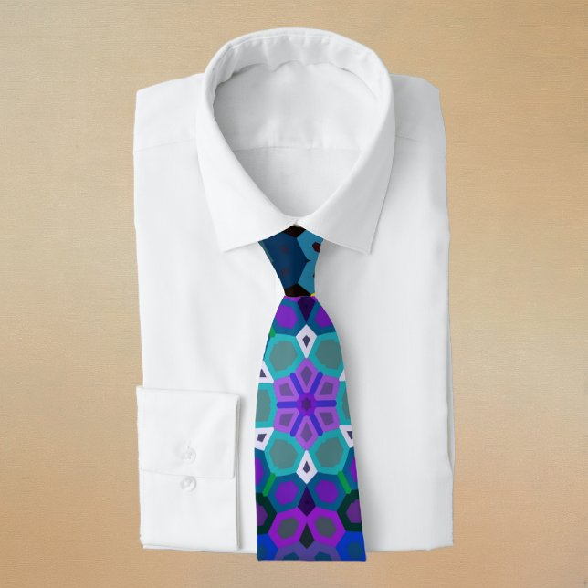 Hex Mandala Blå Gul Röd och Grön Slips (Blue Yellow Red and Green Hexagon Mandala Neck Tie by Wormhole Orbital)