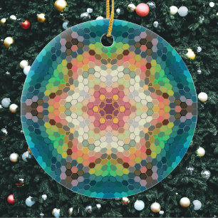 Hex Mandala Blue Grönt och Rosa Julgransprydnad Keramik