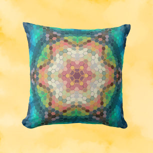 Hex Mandala Blue Grönt och Rosa Kudde