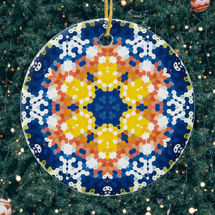 Hex Mandala Blue Gult Orange och Grönt Julgransprydnad Keramik