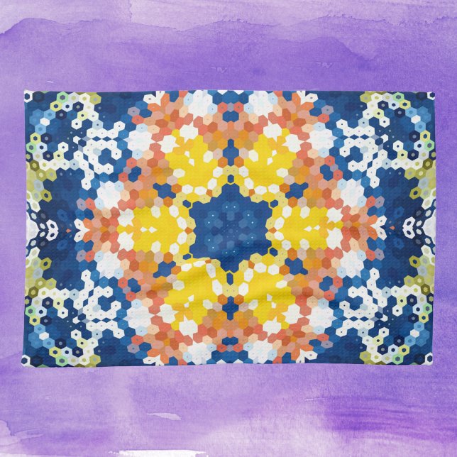Hex Mandala Blue Gult Orange och Grönt Kökshandduk (Blue Yellow Orange and Green Hexagon Mandala Kitchen Towel by Wormhole Orbital)