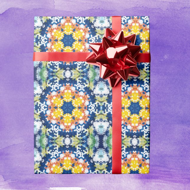 Hex Mandala Blue Gult Orange och Grönt Presentpapper (Blue Yellow Orange and Green Hexagon Mandala Wrapping Paper by Wormhole Orbital)