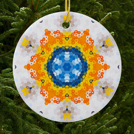 Hex Mandala Blue Gult Orange och White Julgransprydnad Keramik