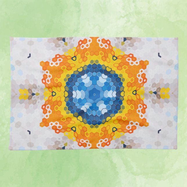 Hex Mandala Blue Gult Orange och White Kökshandduk (Skapare uppladdad)