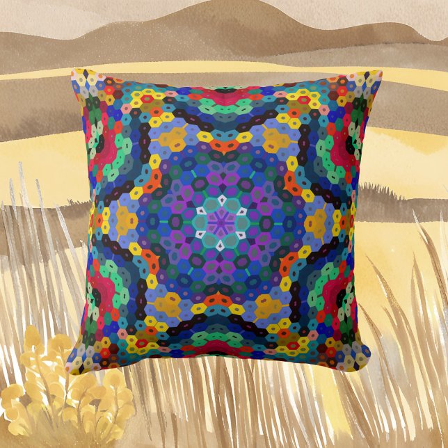 Hex Mandala Blue Gult Red och Grönt Kudde (Skapare uppladdad)