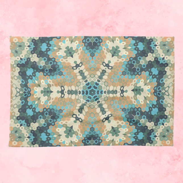 Hex Mandala Blue och Orange Kökshandduk (Blue and Orange Hexagon Mandala Kitchen Towel by Wormhole Orbital)