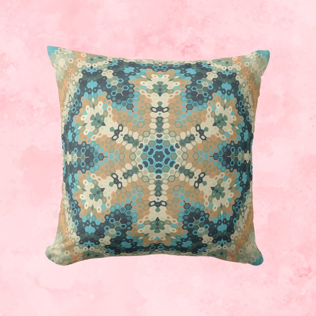 Hex Mandala Blue och Orange Kudde (Blue and Orange Hexagon Mandala Throw Pillow by Wormhole Orbital)