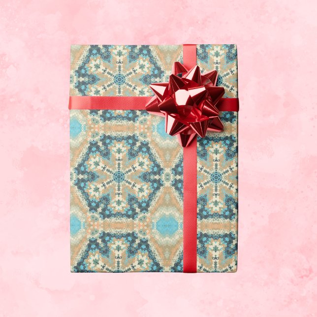 Hex Mandala Blue och Orange Presentpapper (Blue and Orange Hexagon Mandala Wrapping Paper by Wormhole Orbital)