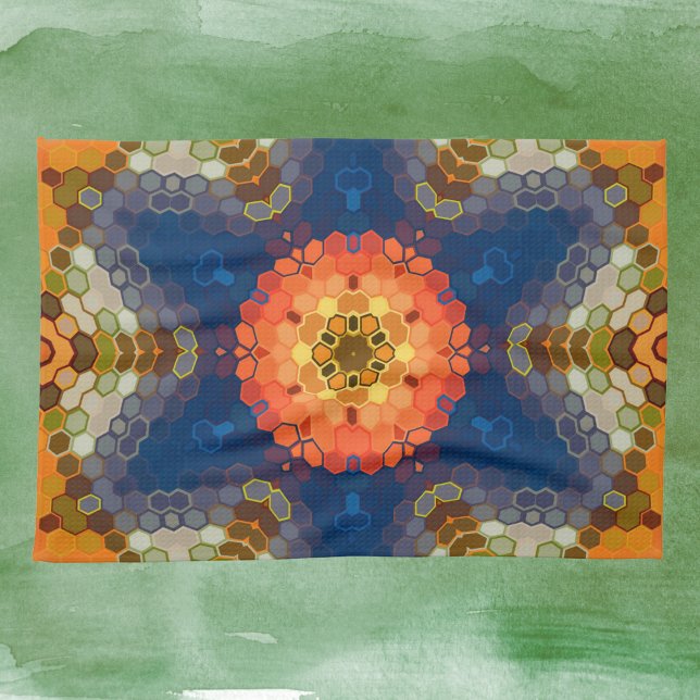 Hex Mandala Blue Orange och Red Kökshandduk (Blue Orange and Red Hexagon Mandala Kitchen Towel by Wormhole Orbital)