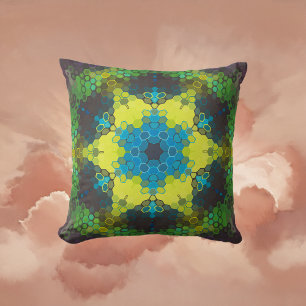 Hex Mandala Grönt Gult och Blue Kudde