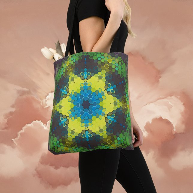 Hex Mandala Grönt Gult och Blue Tygkasse (Green and Blue Hexagon Mandala Tote Bag By Wormhole Orbital)