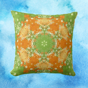 Hex Mandala-Grönt och Orange Kudde