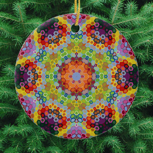 Hex Mandala Grönts Rosa och Orange Julgransprydnad Keramik