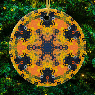 Hex Mandala-Gult och Orange Julgransprydnad Keramik
