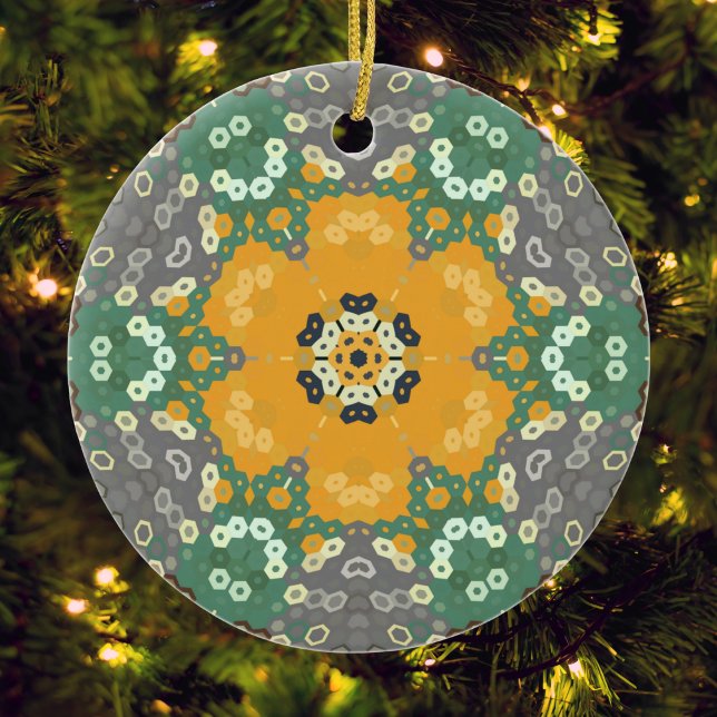 Hex Mandala Gult Teal och Brown Julgransprydnad Keramik (Yellow Teal and Brown Hexagon Mandala Ornament by Wormhole Orbital)