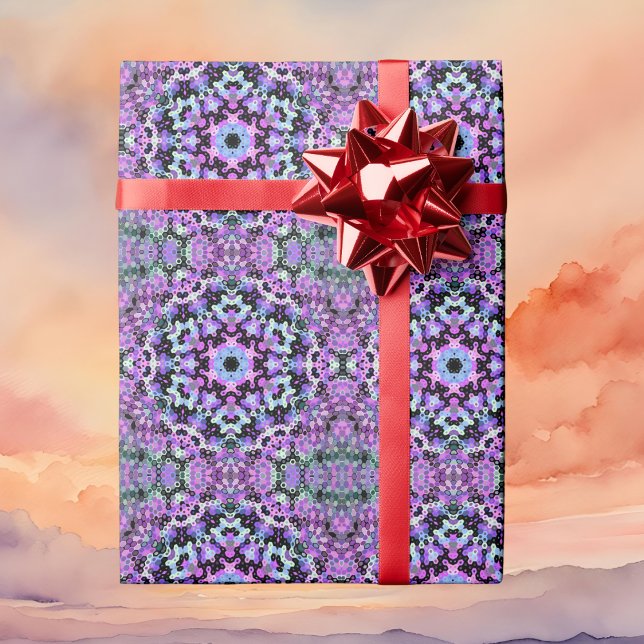 Hex Mandala Lila Rosa och Blue Presentpapper (Purple Pink and Blue Hexagon Mandala Wrapping Paper By Wormhole Orbital)