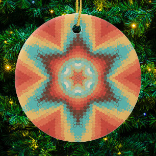 Hex Mandala Orange Blue och Gult Julgransprydnad Keramik