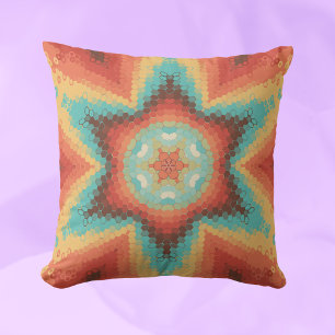 Hex Mandala Orange Blue och Gult Kudde