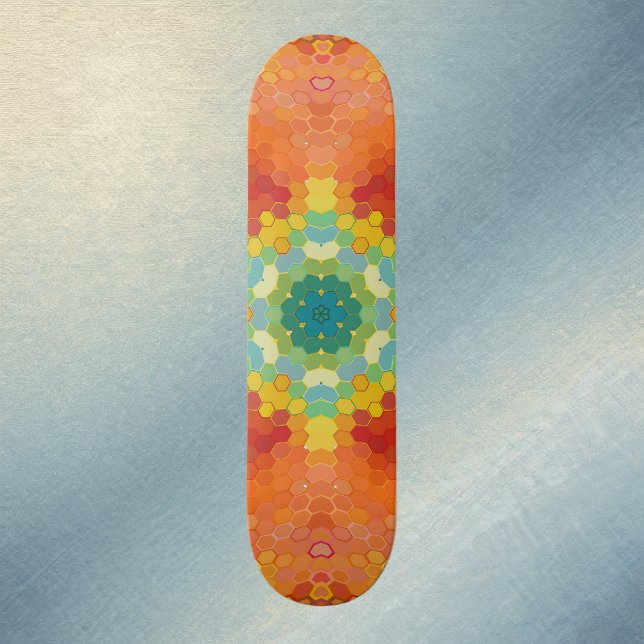 Hex Mandala Orange Gul Röd och Blå Mini Skateboard Bräda 18,5 Cm (Orange Yellow Red and Blue Hexagon Mandala Skate Board by Wormhole Orbital)