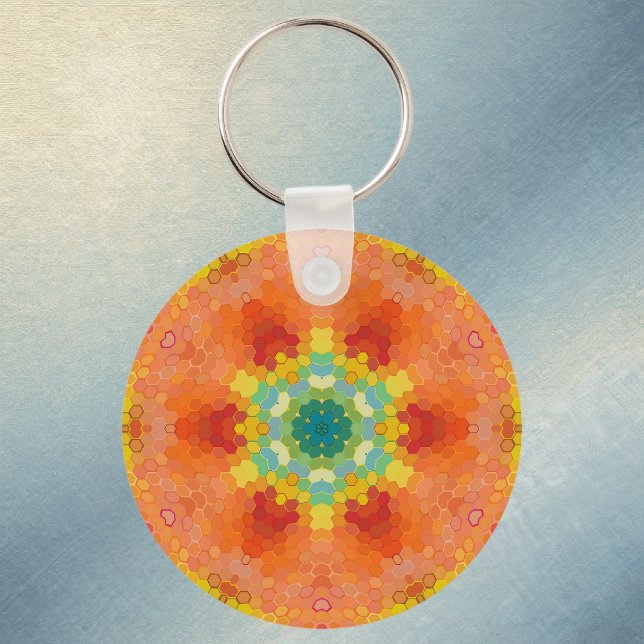 Hex Mandala Orange Gul Röd och Blå Nyckelring (Orange Yellow Red and Blue Hexagon Mandala Keychain by Wormhole Orbital)