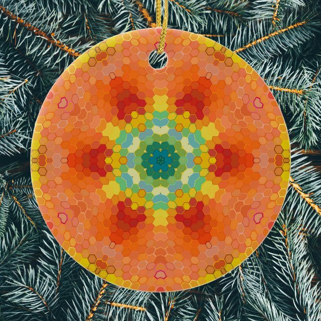 Hex Mandala Orange Gult Red och Blue Julgransprydnad Keramik (Orange Yellow Red and Blue Hexagon Mandala Ornament from Wormhole Orbital)
