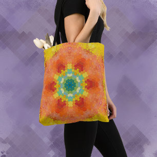 Hex Mandala Orange Gult Red och Blue Tygkasse