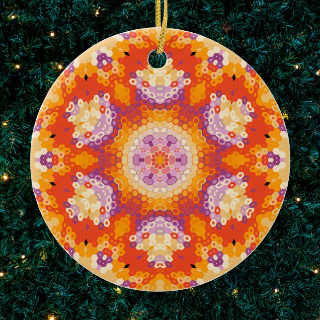 Hex Mandala Orange Lila and White Julgransprydnad Keramik (Orange Purple and White Hexagon Mandala Ornament by Wormhole Orbital)