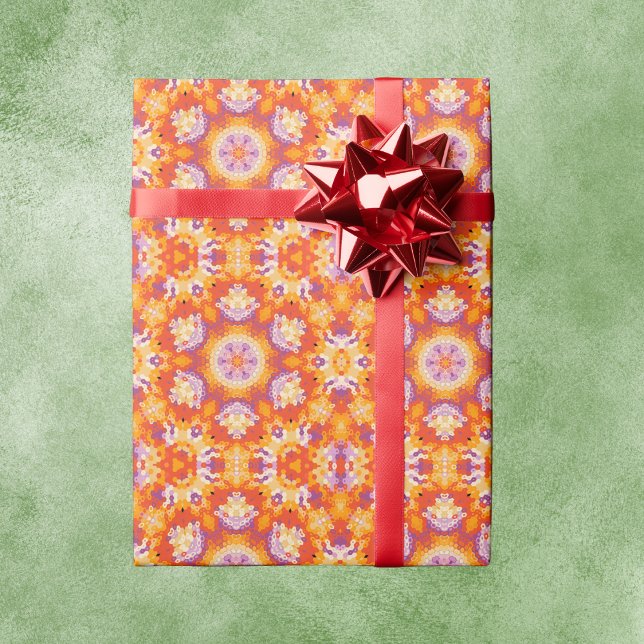 Hex Mandala Orange Lila and White Presentpapper (Orange Purple and White Hexagon Mandala Wrapping Paper by Wormhole Orbital)